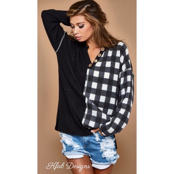 BiBi V-Neck Brushed Knit Dropped Shoulder Plaid Color Block PulloverTop Black - Picture 4 of 16